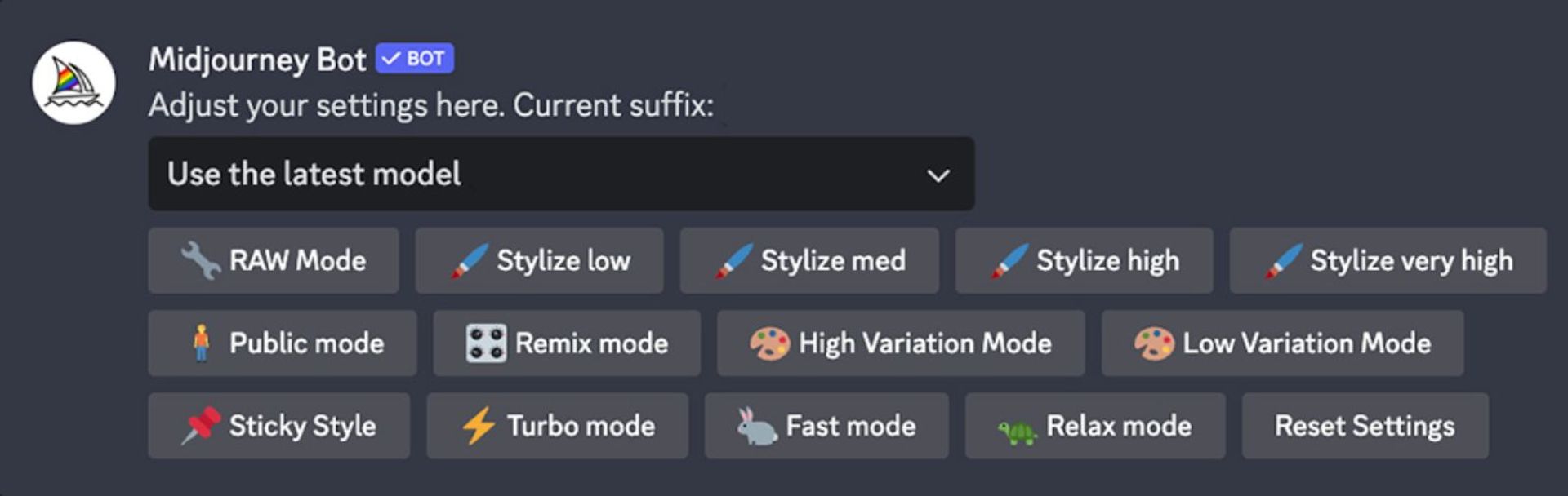 Settings are default preferences you set that shape how Midjourney responds to your prompts, unless otherwise specified.