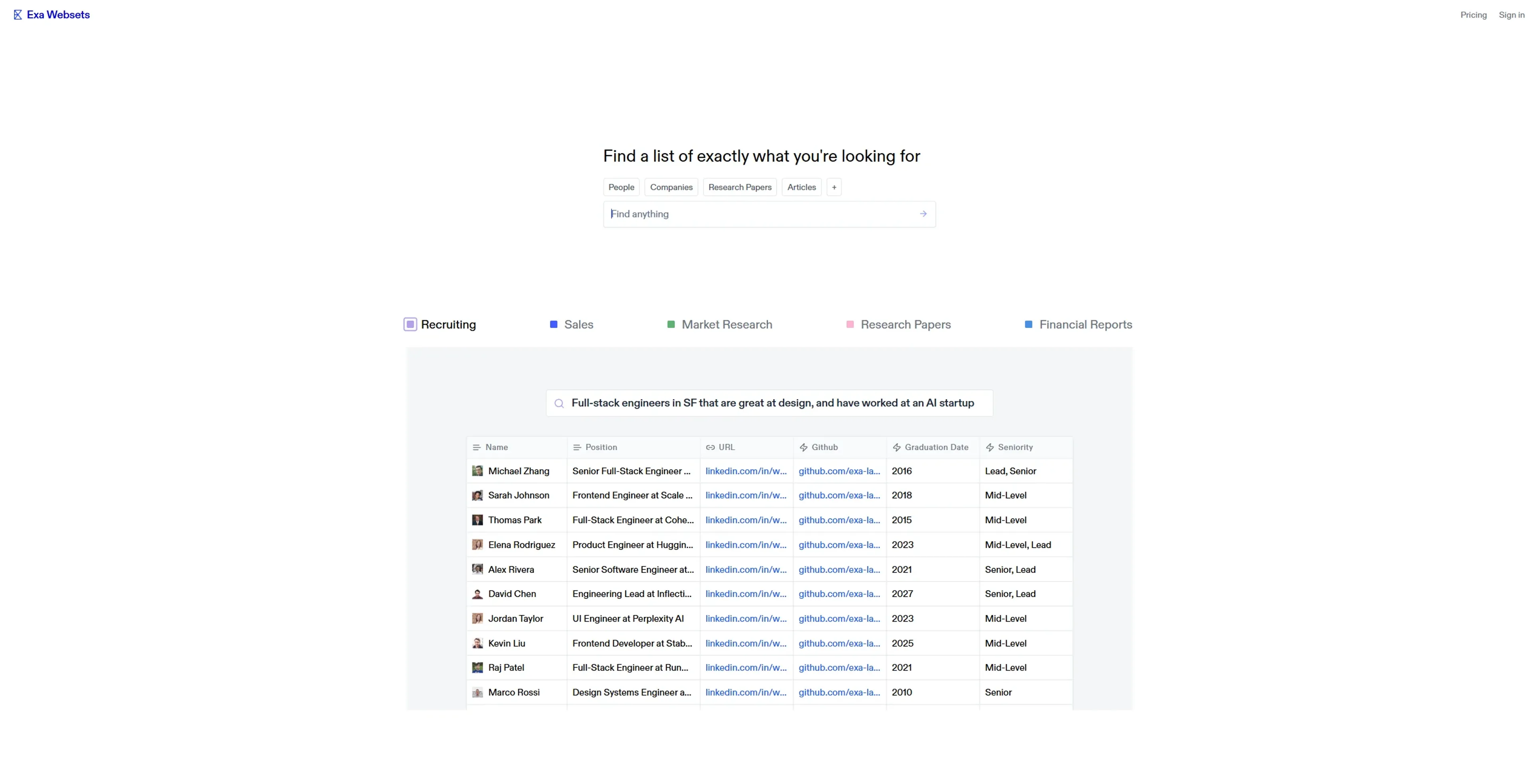 Image related to Exa Websets, an AI tool for conducting and organizing research.