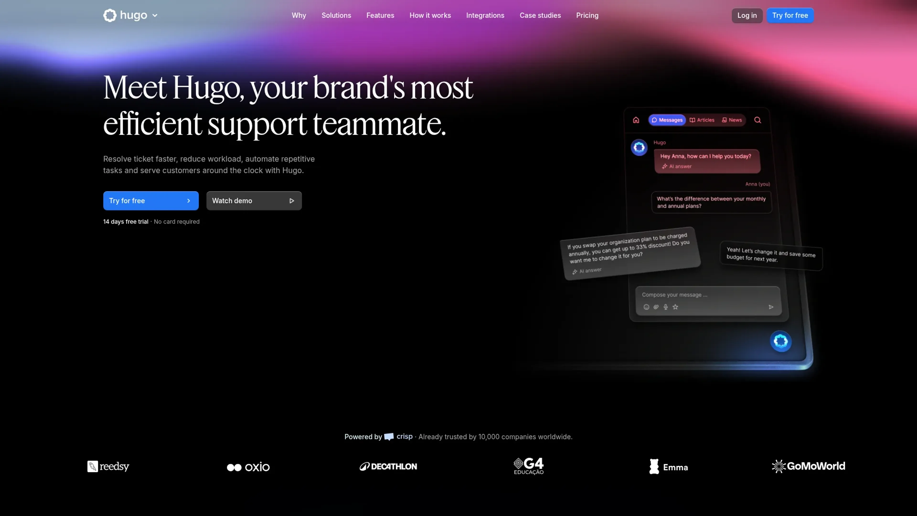 Image related to Hugo, an AI tool for automating customer service and support.